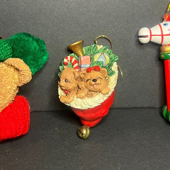 VTG Lot of 3 Ceramic & Wooden Bear Stocking & Riding Horse Christmas Ornaments - Picture 3 of 10